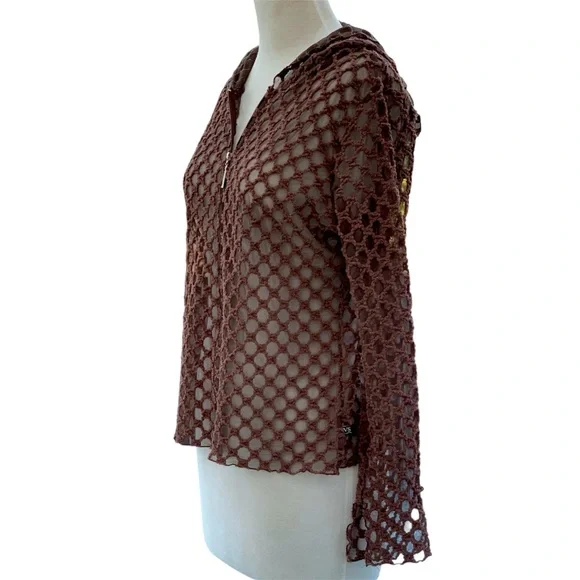 Vine Street Y2K Brown Textured Honeycomb Semi-Sheer Mesh Zip Front Hoodie Medium - Picture 4 of 9